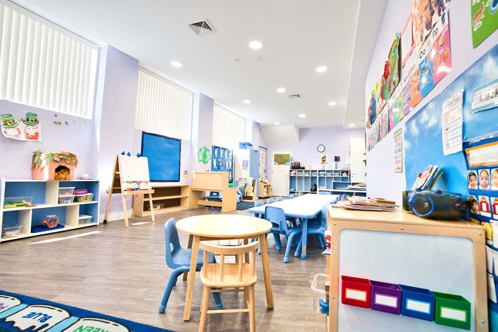 Empty classroom with small tables and chairs