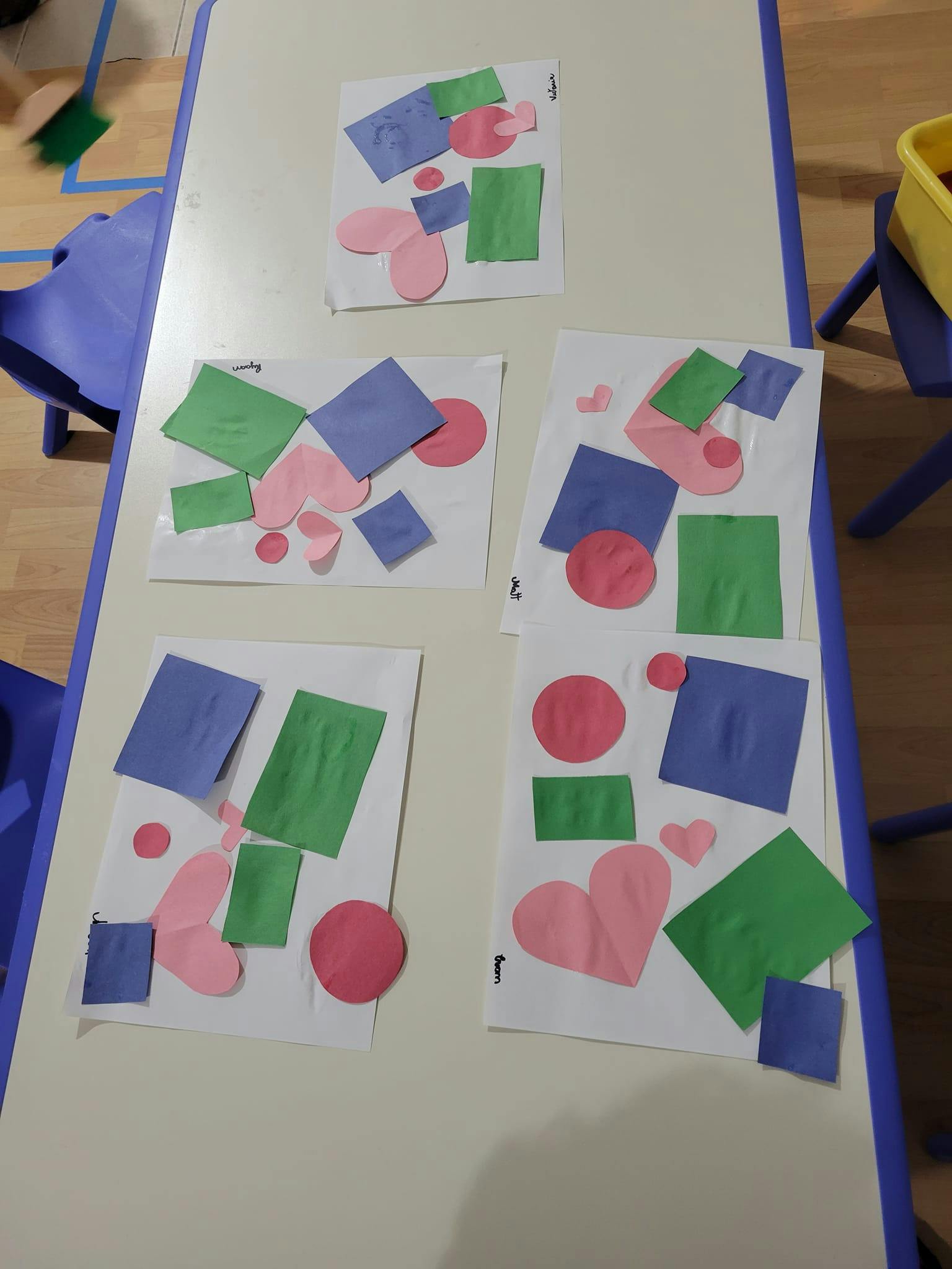 Multiple paper collages with various shapes including hearts, circles, and squares