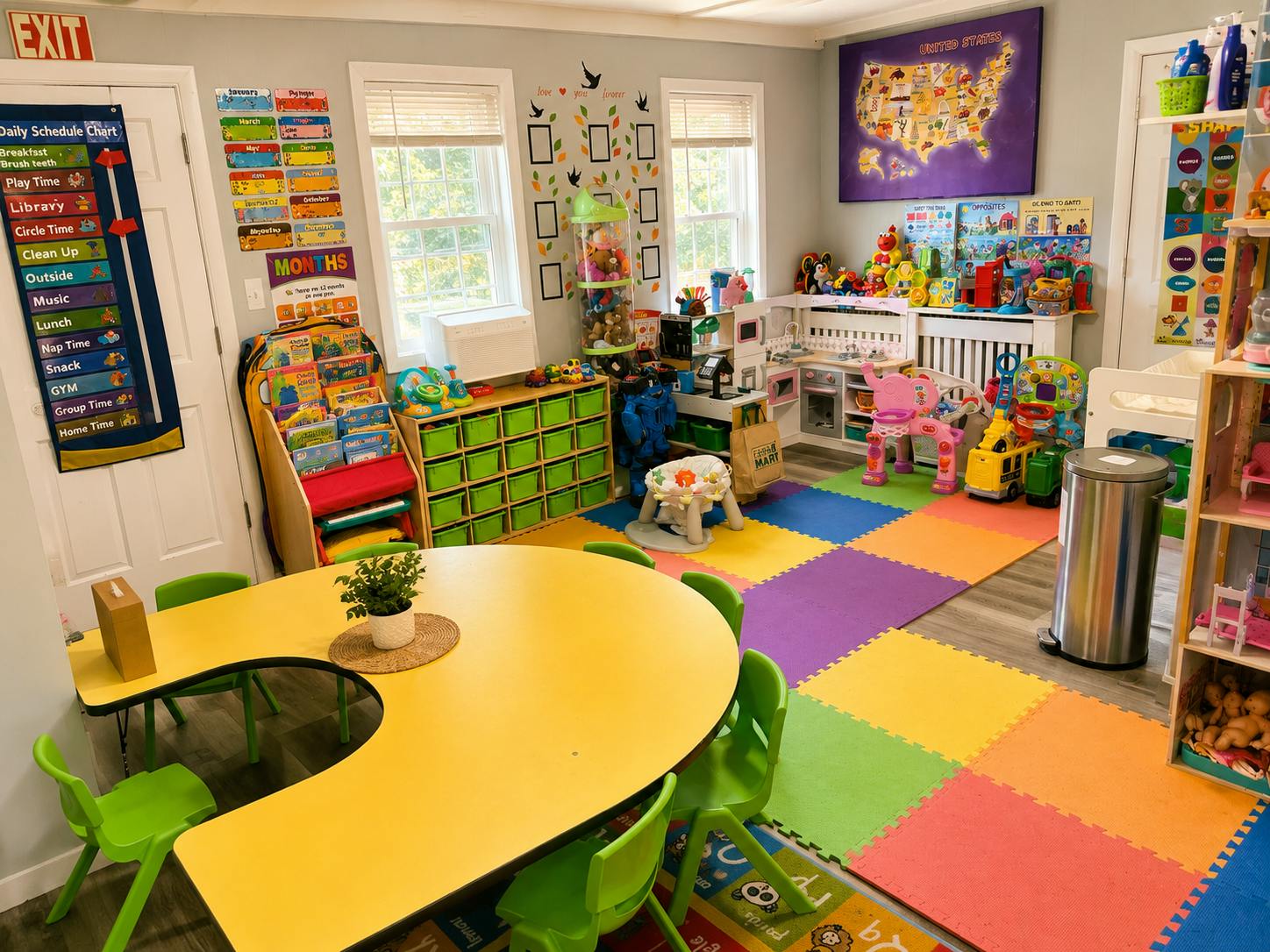 Colorful playroom with a large yellow table and foam floor mats
