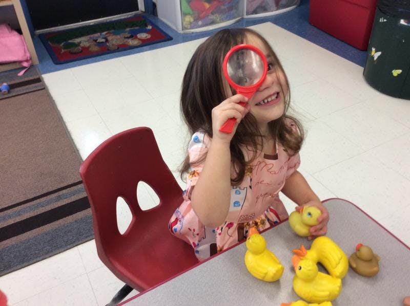 Child holding a magnifying glass over one eye at a table with toy ducks