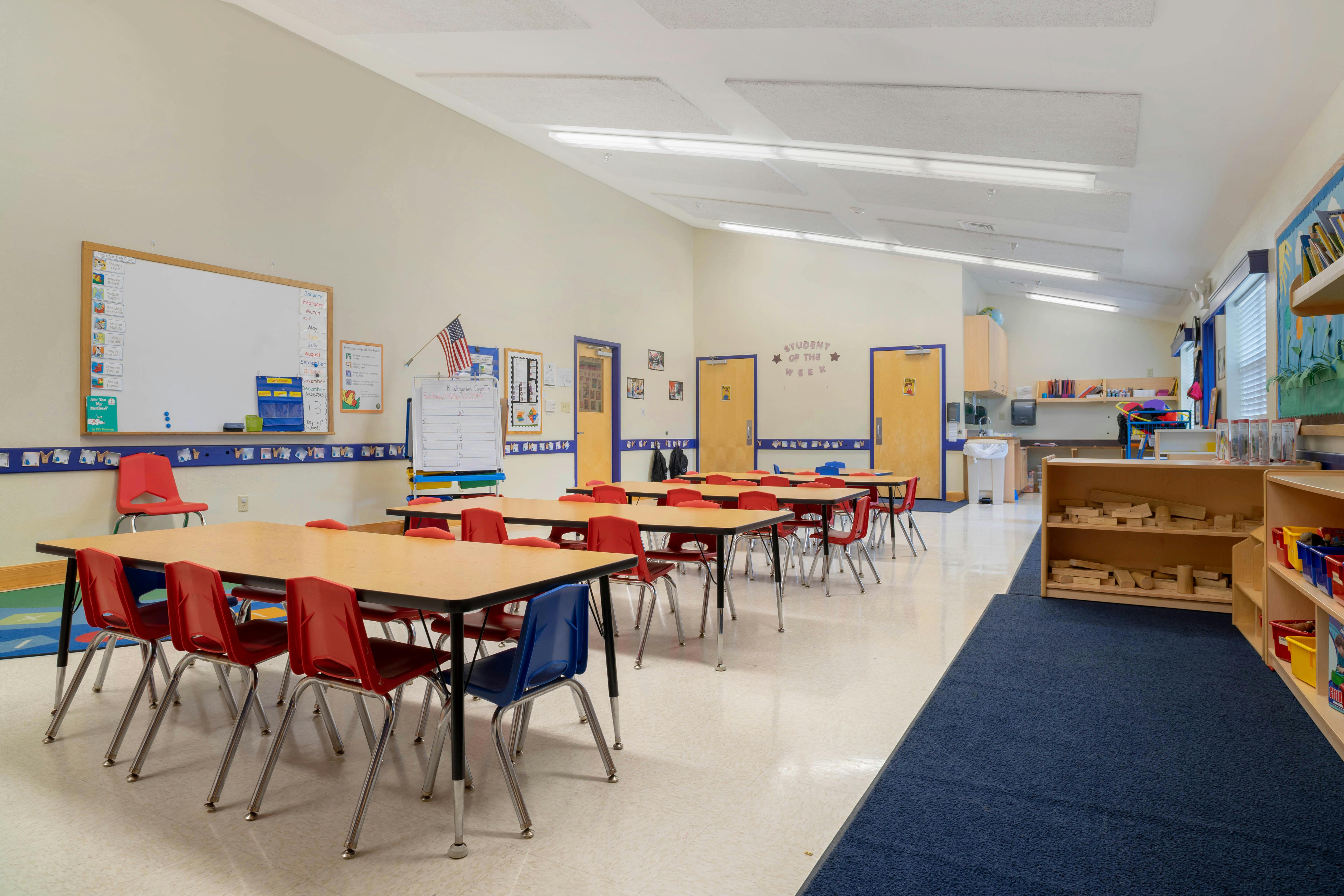 Empty classroom with small tables and red chairs