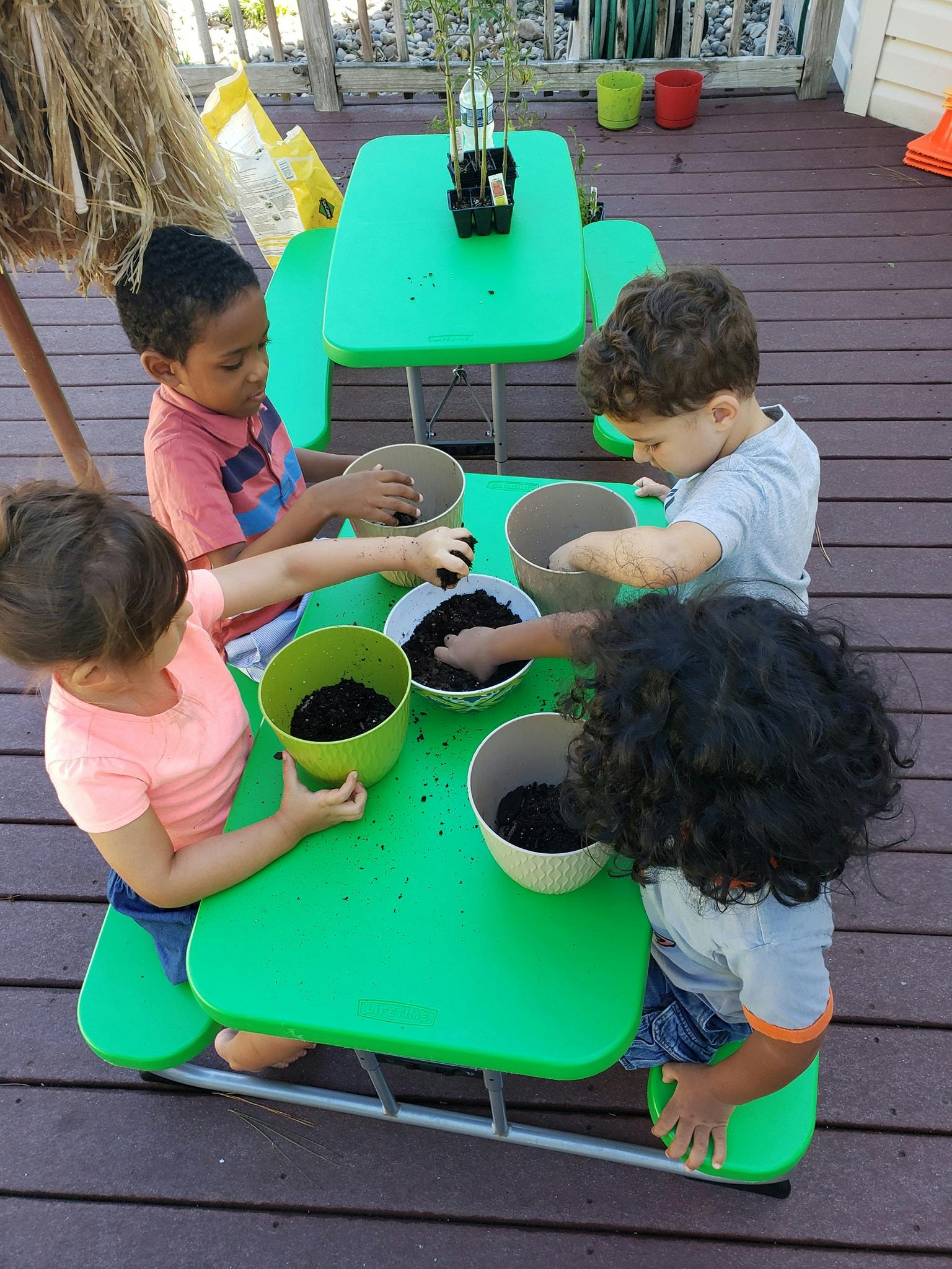 Children planting in bowls at a green table