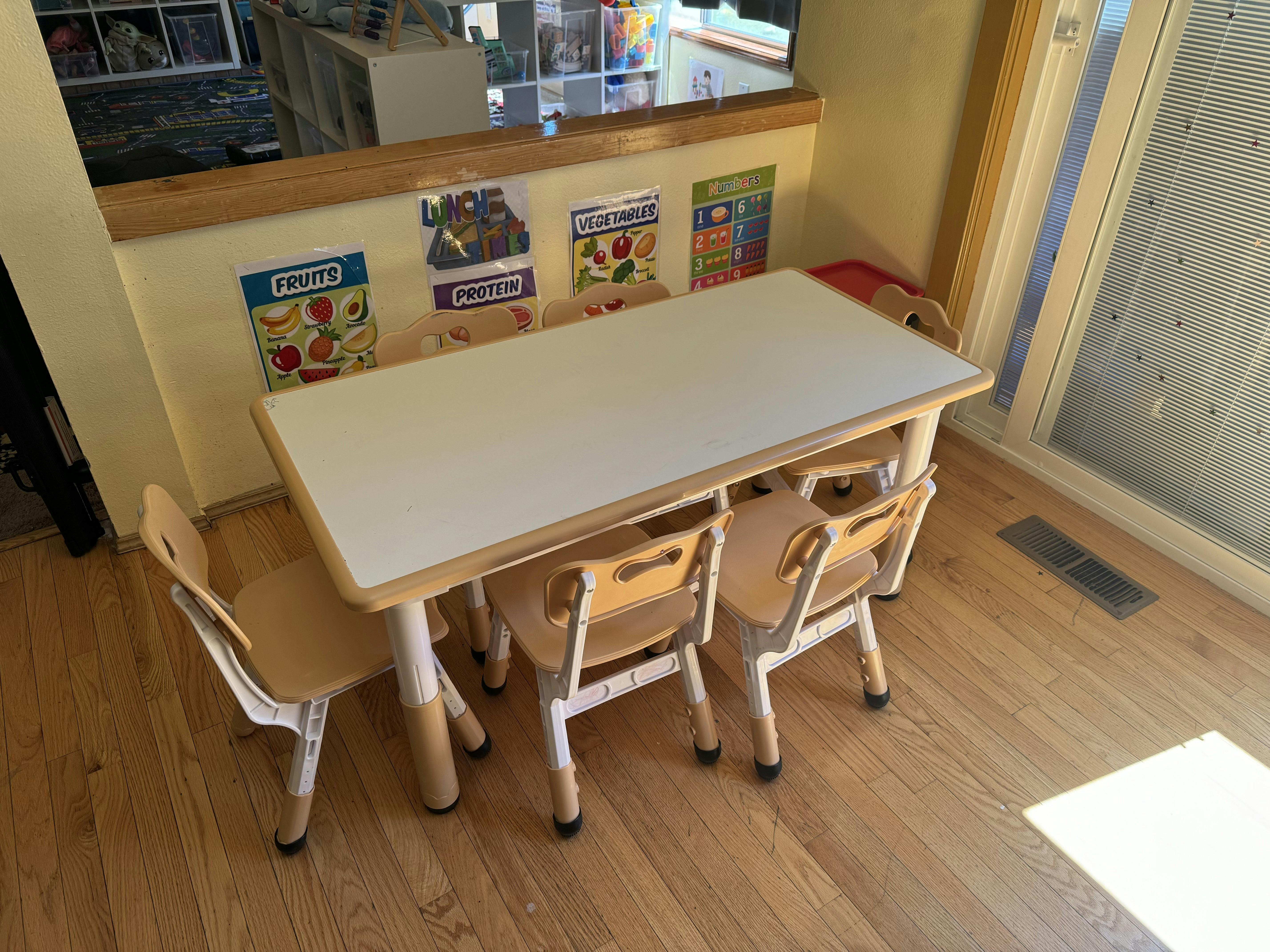 Empty classroom table and chairs