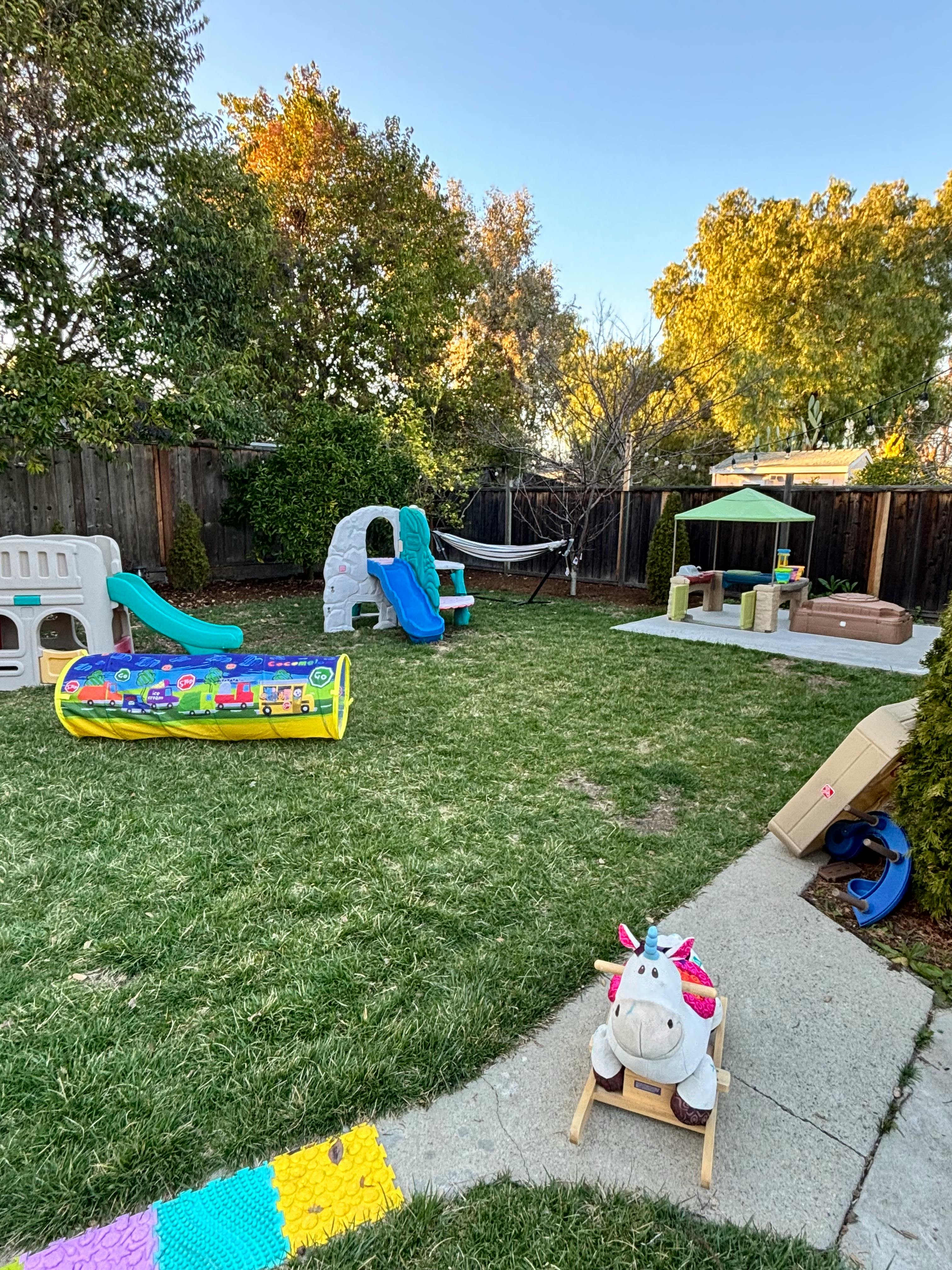 Backyard with play structures, slides, and a tunnel on a green lawn