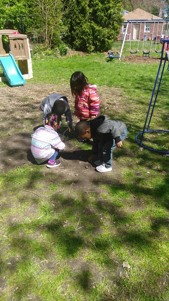 Four children bending down and looking at the ground outdoors