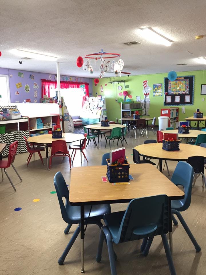 Empty classroom with small tables and chairs