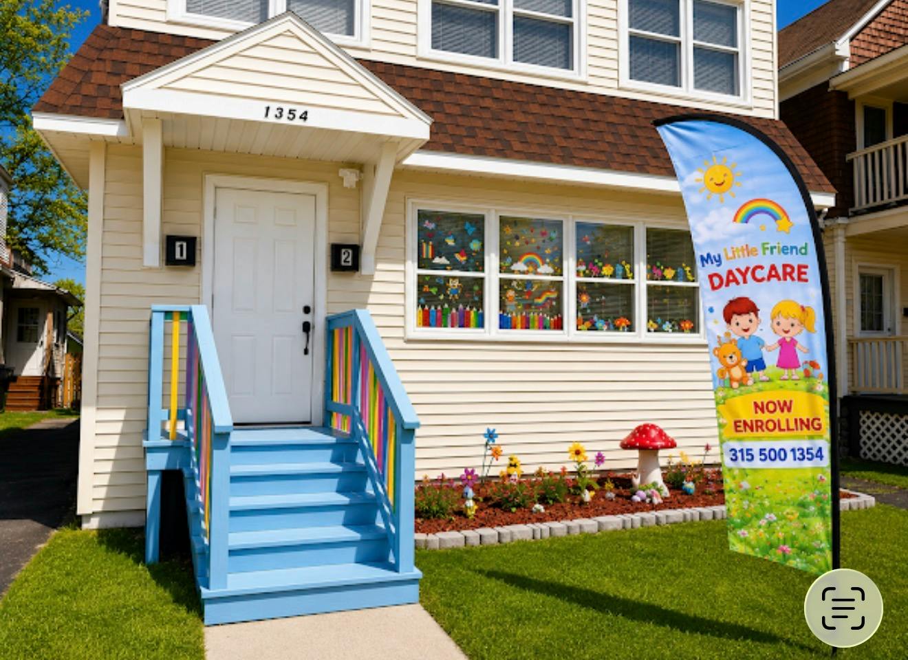 Exterior of My Little Friend Daycare with colorful steps and promotional flag