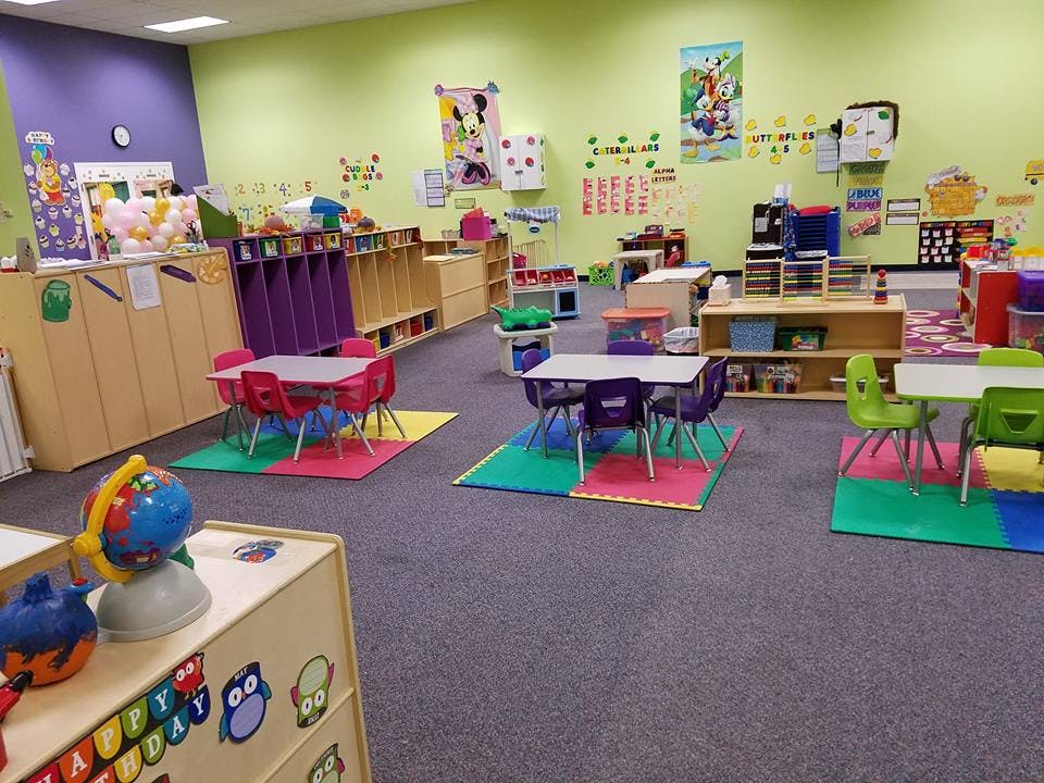 Empty classroom with small tables and chairs
