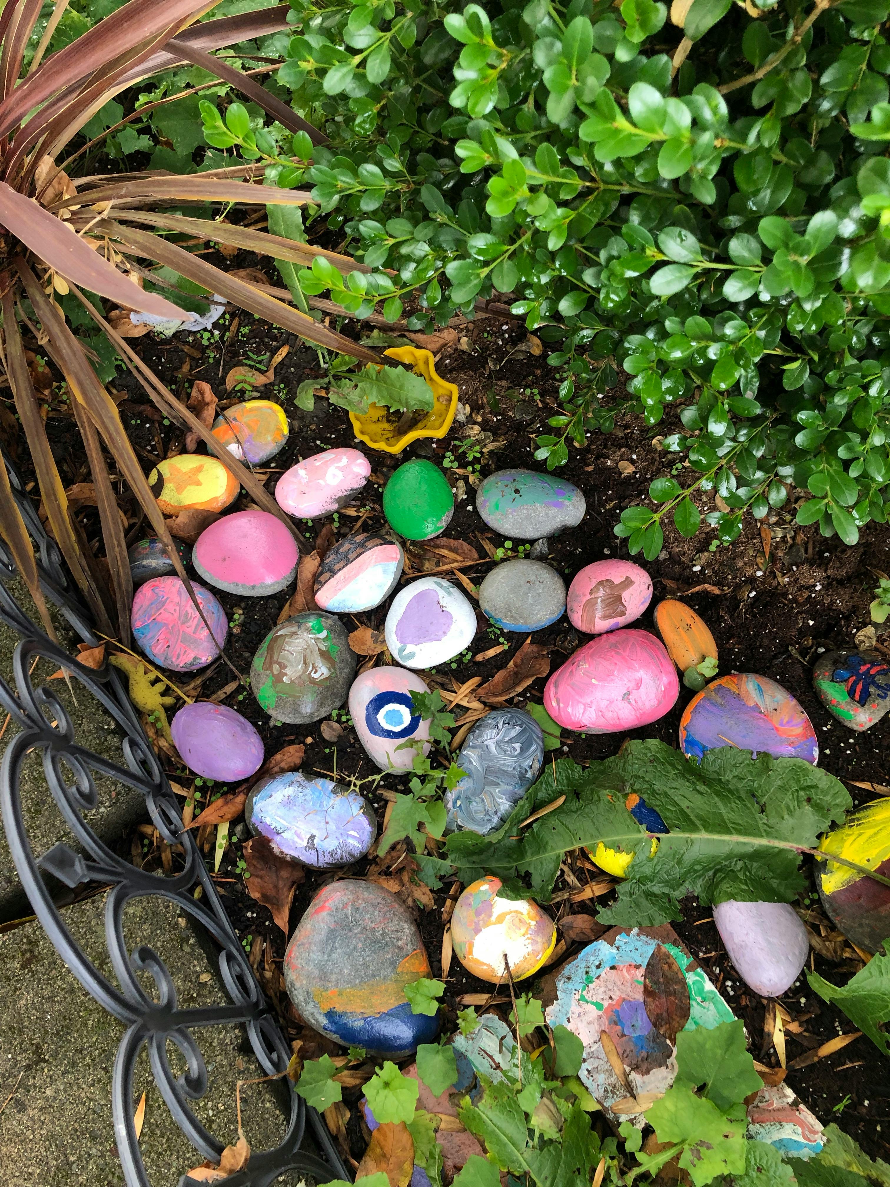 Painted rocks in various colors and designs on the ground among plants