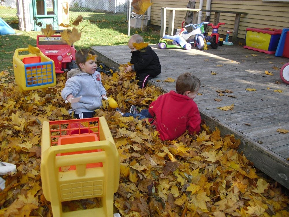 Children playing in a pile of autumn leaves