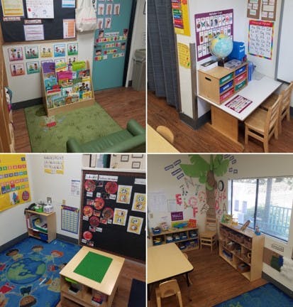 Four images showing different areas of a classroom or childcare center