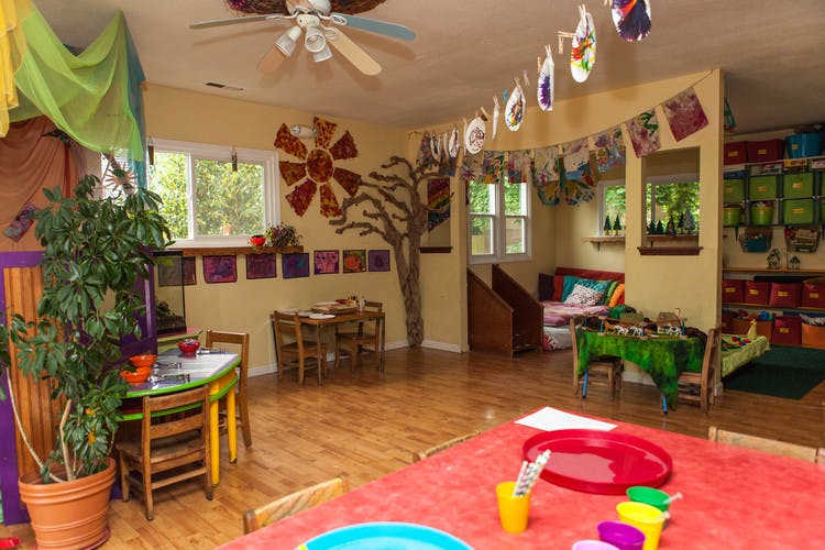 Classroom with small tables and chairs, decorations, and a plant