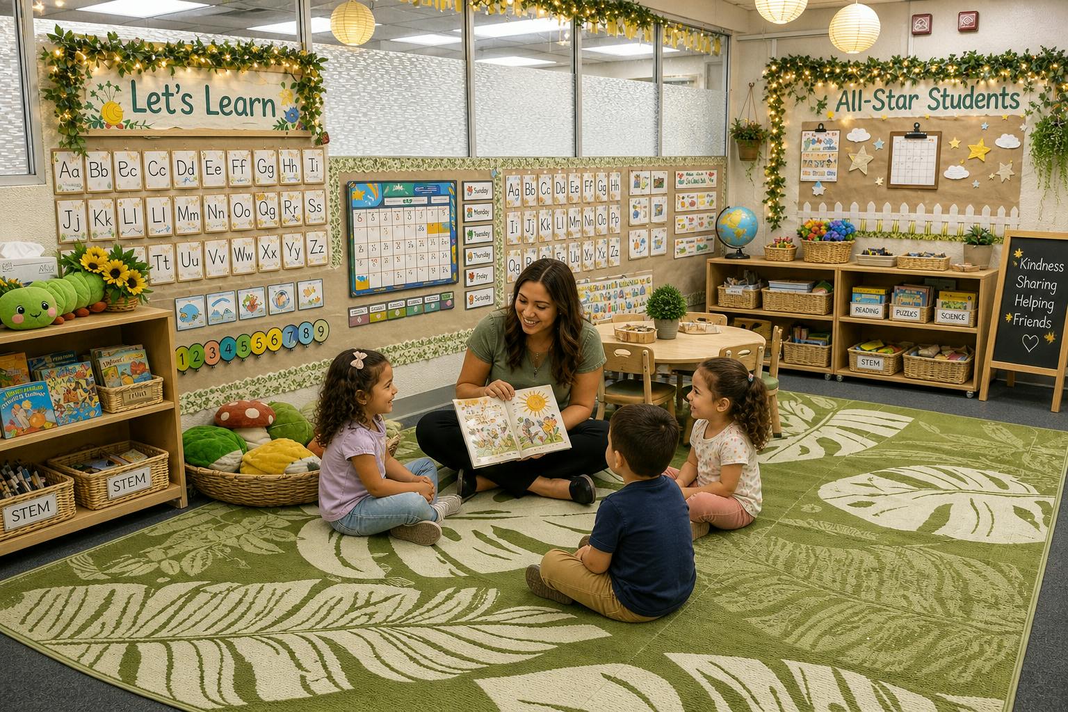 Teacher reading a book to three children in a classroom