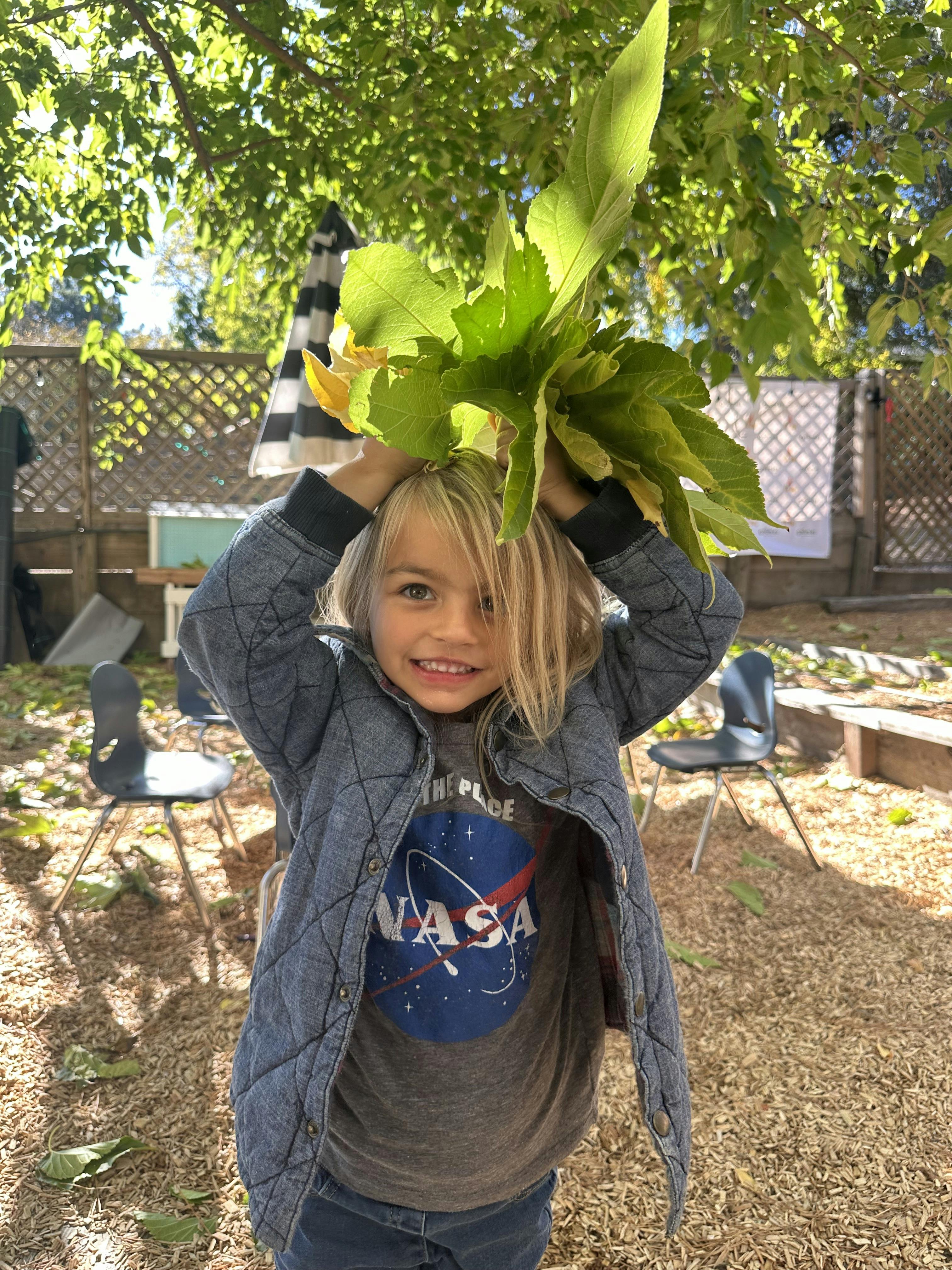 Child holding a bunch of green leaves above their head