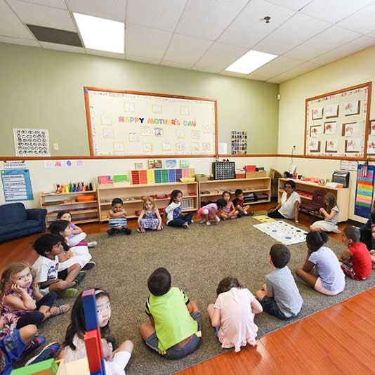Children sitting on a rug in a classroom with an adult