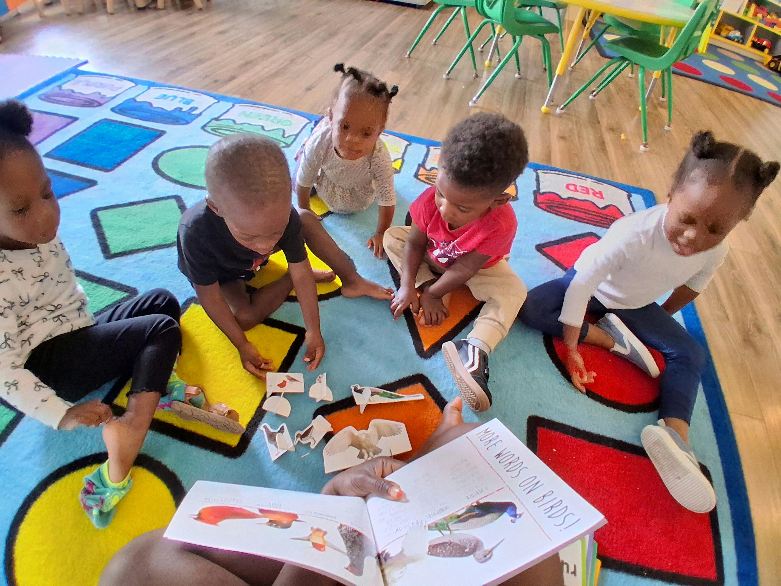 Five children and one adult looking at a book and bird cutouts on a rug