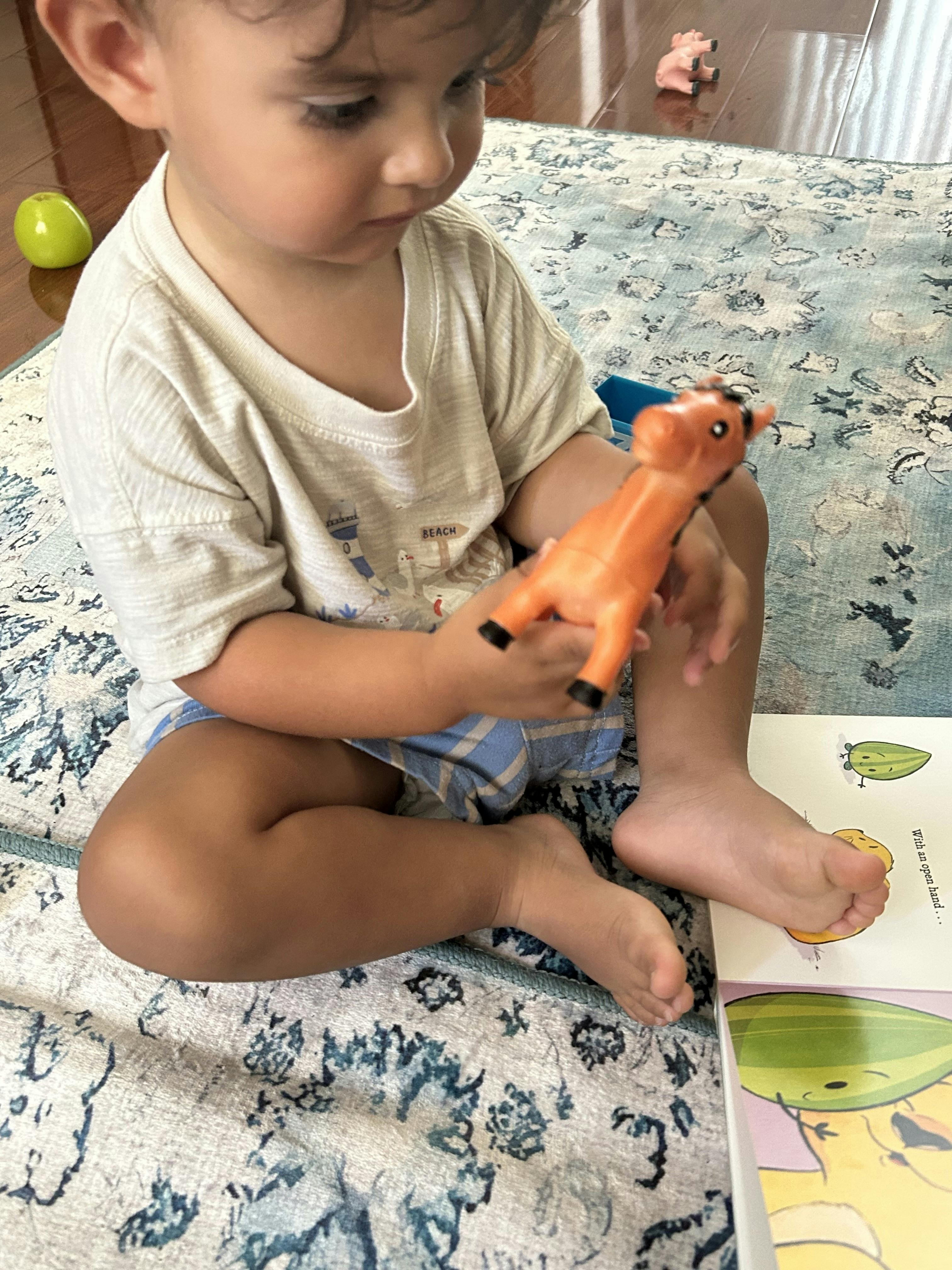 Child sitting on a rug and playing with a toy horse