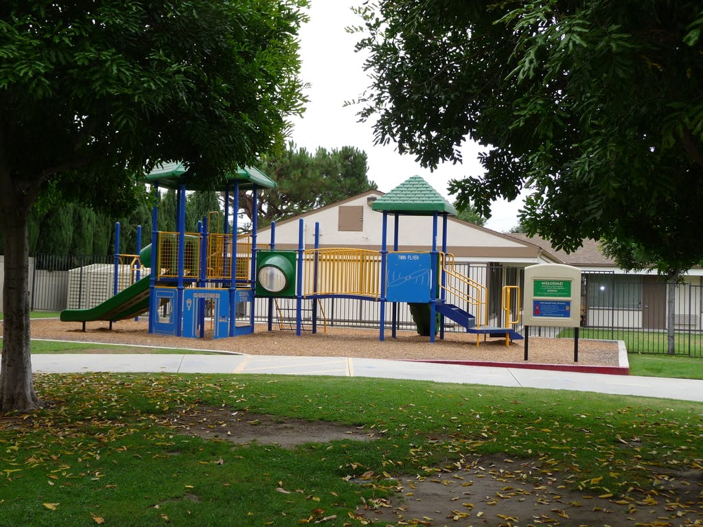 Empty playground with slides and climbing structures