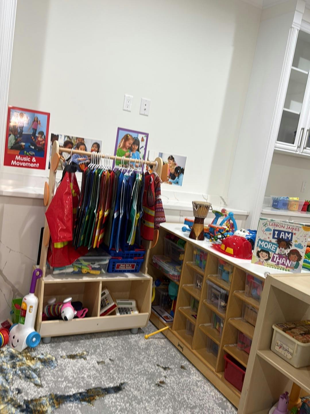 Playroom with a clothing rack for costumes and toy storage shelves