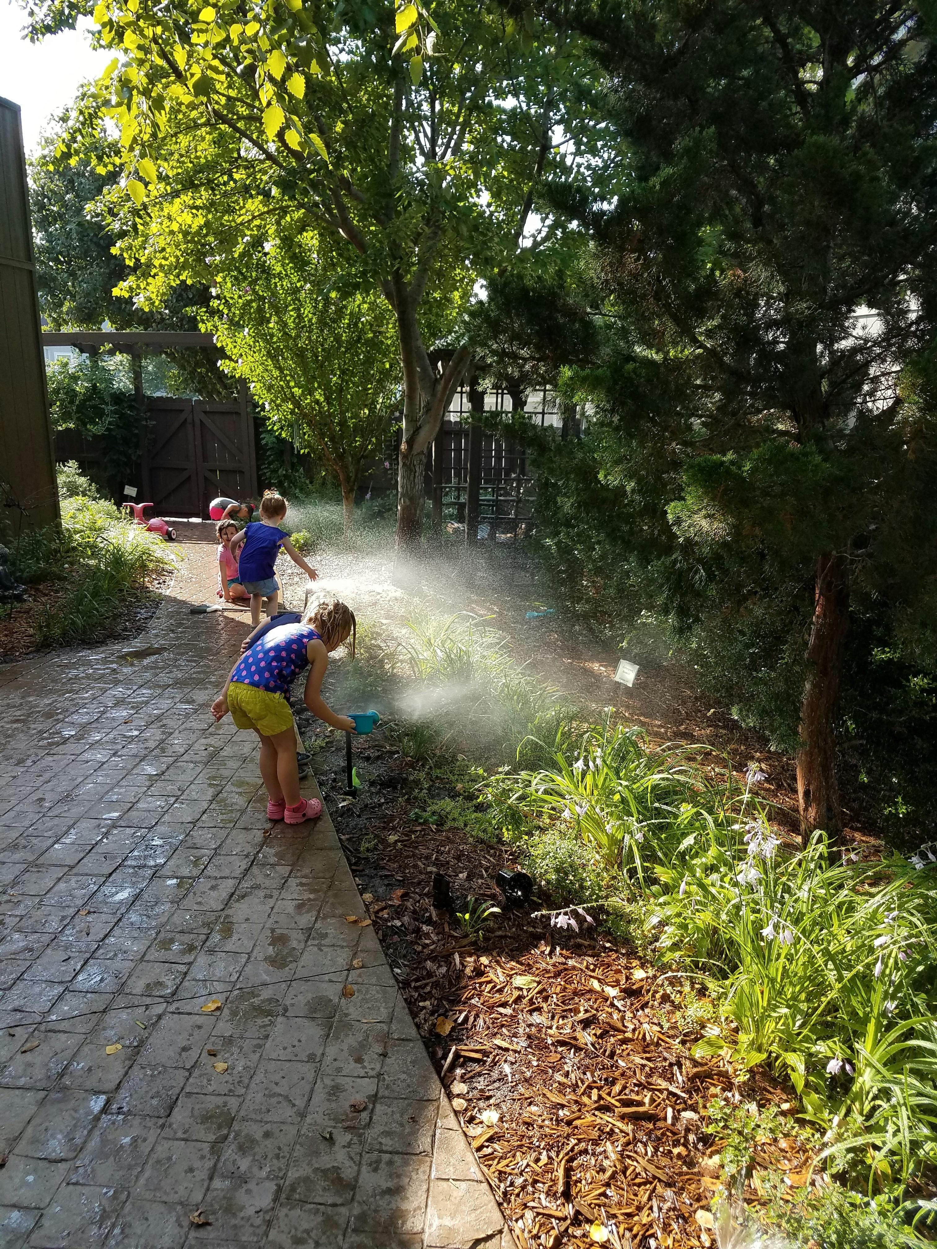 Child watering plants with a hose, mist in the air