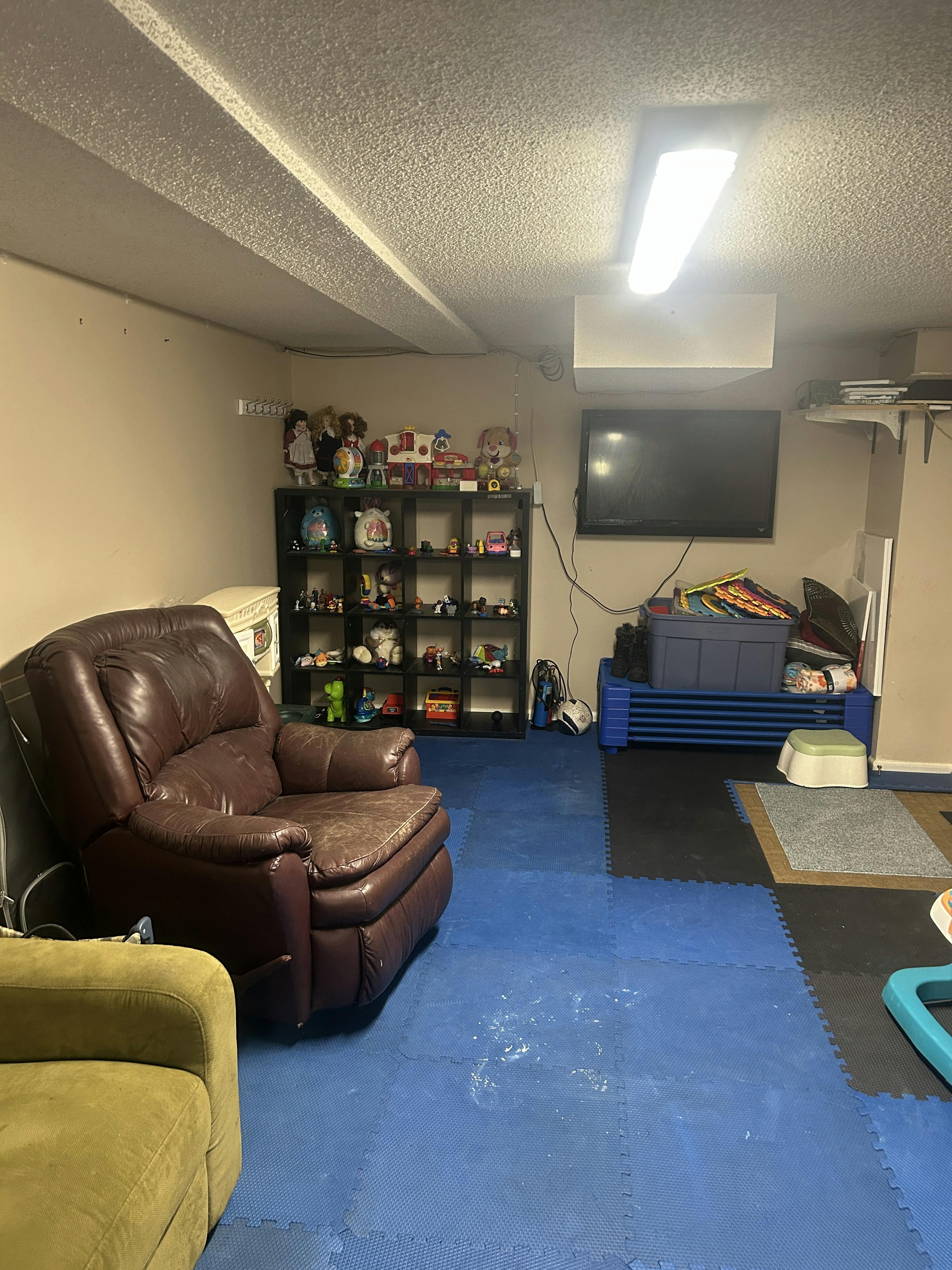 Living room with a brown recliner, green couch, and blue floor mats
