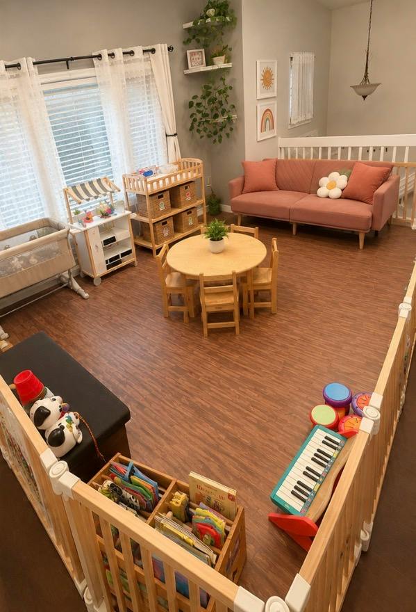 Playroom with a round table, small chairs, couch, and baby gates