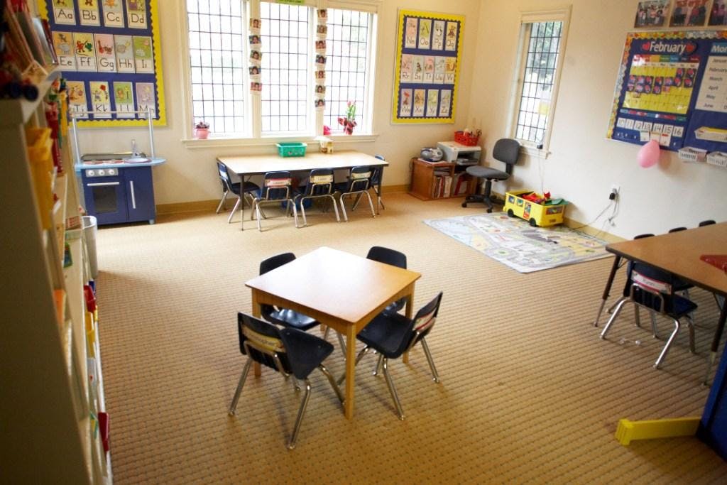 Classroom with small tables and chairs
