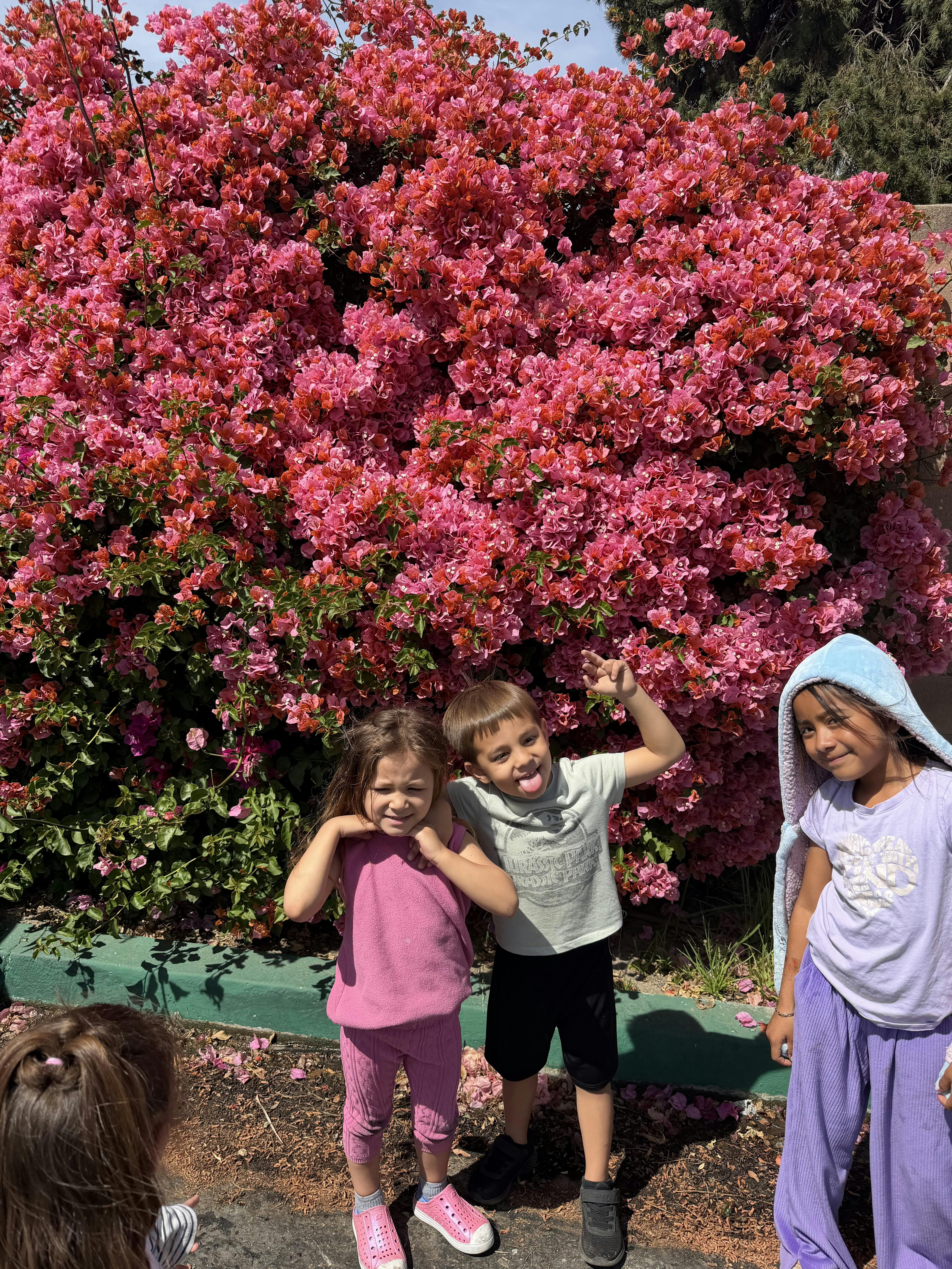 Three children in front of a bush with pink flowers, one making a funny face