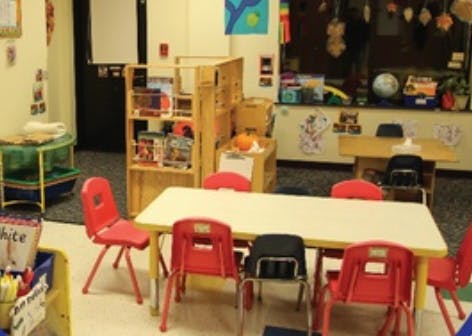 Classroom with small tables and chairs