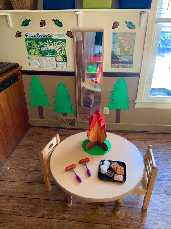 Play table with a paper campfire, s'mores, and roasting sticks