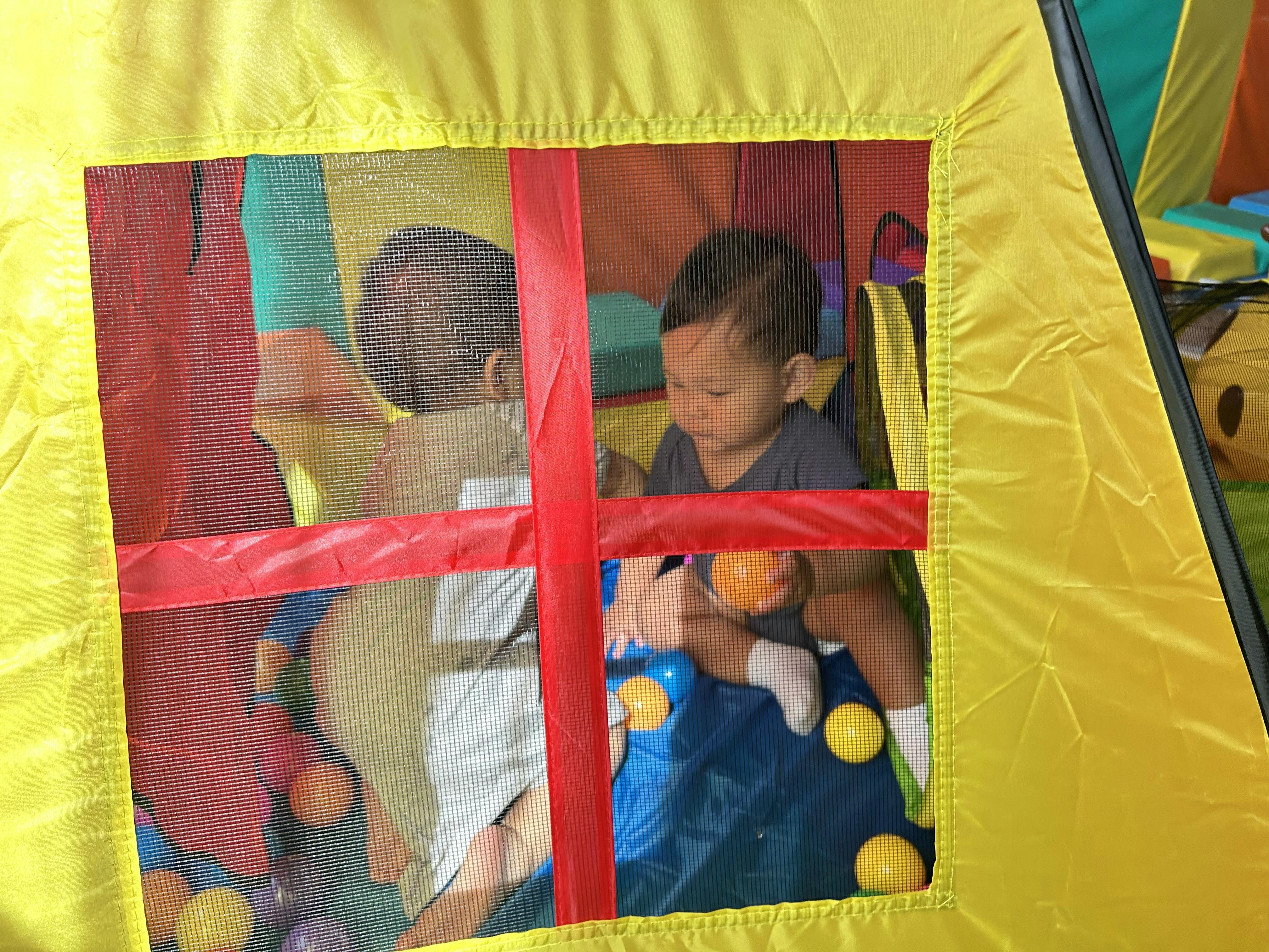 Two children playing with balls inside a mesh pop-up tent