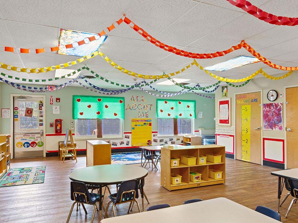 Empty classroom with colorful paper chains hanging from the ceiling