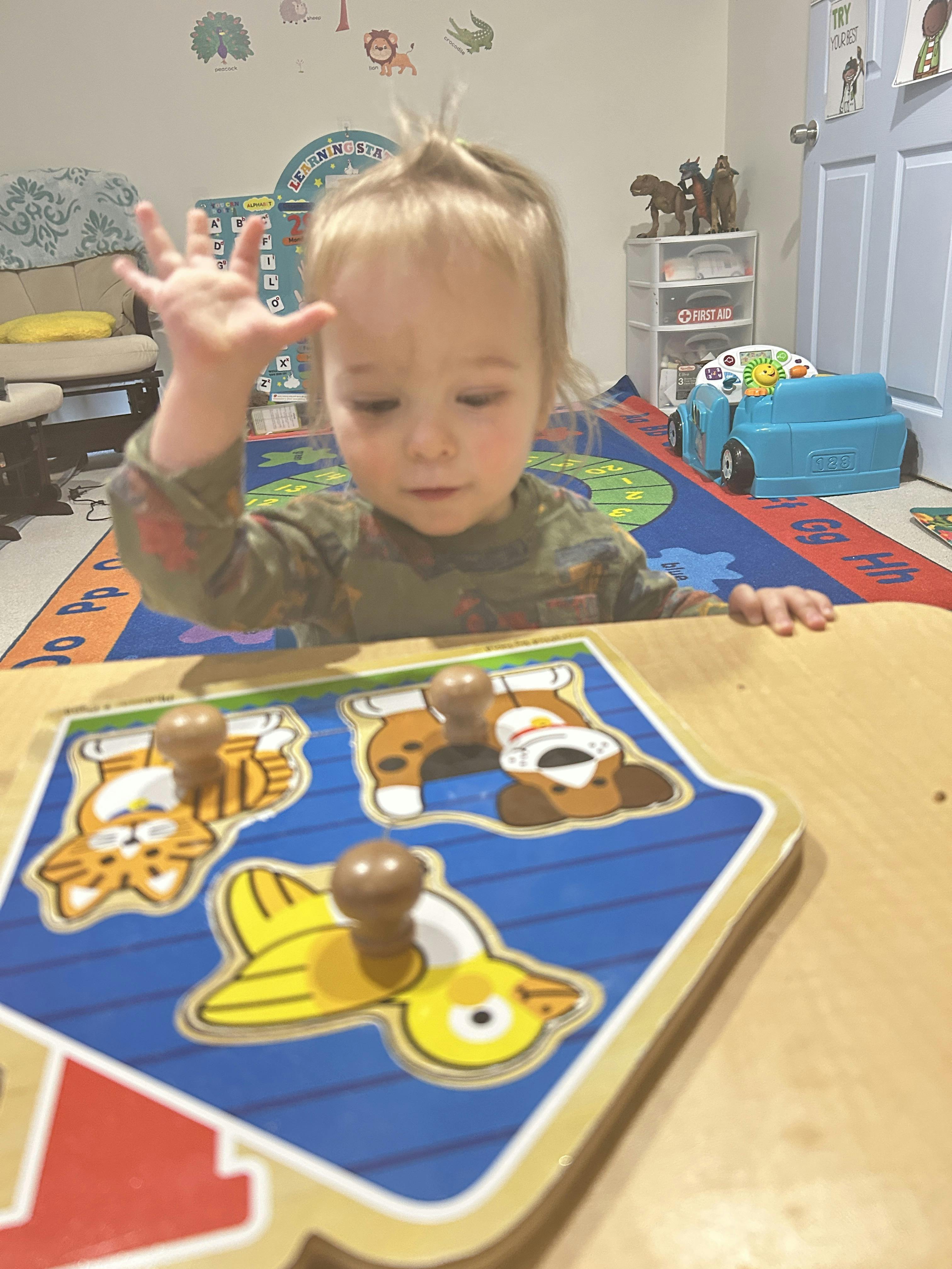 Child playing with a wooden animal puzzle