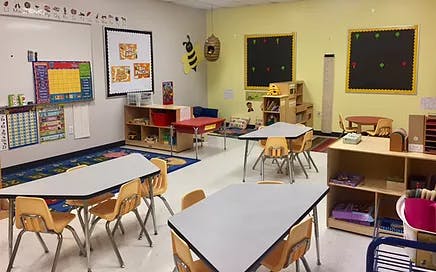 Classroom with small tables and chairs