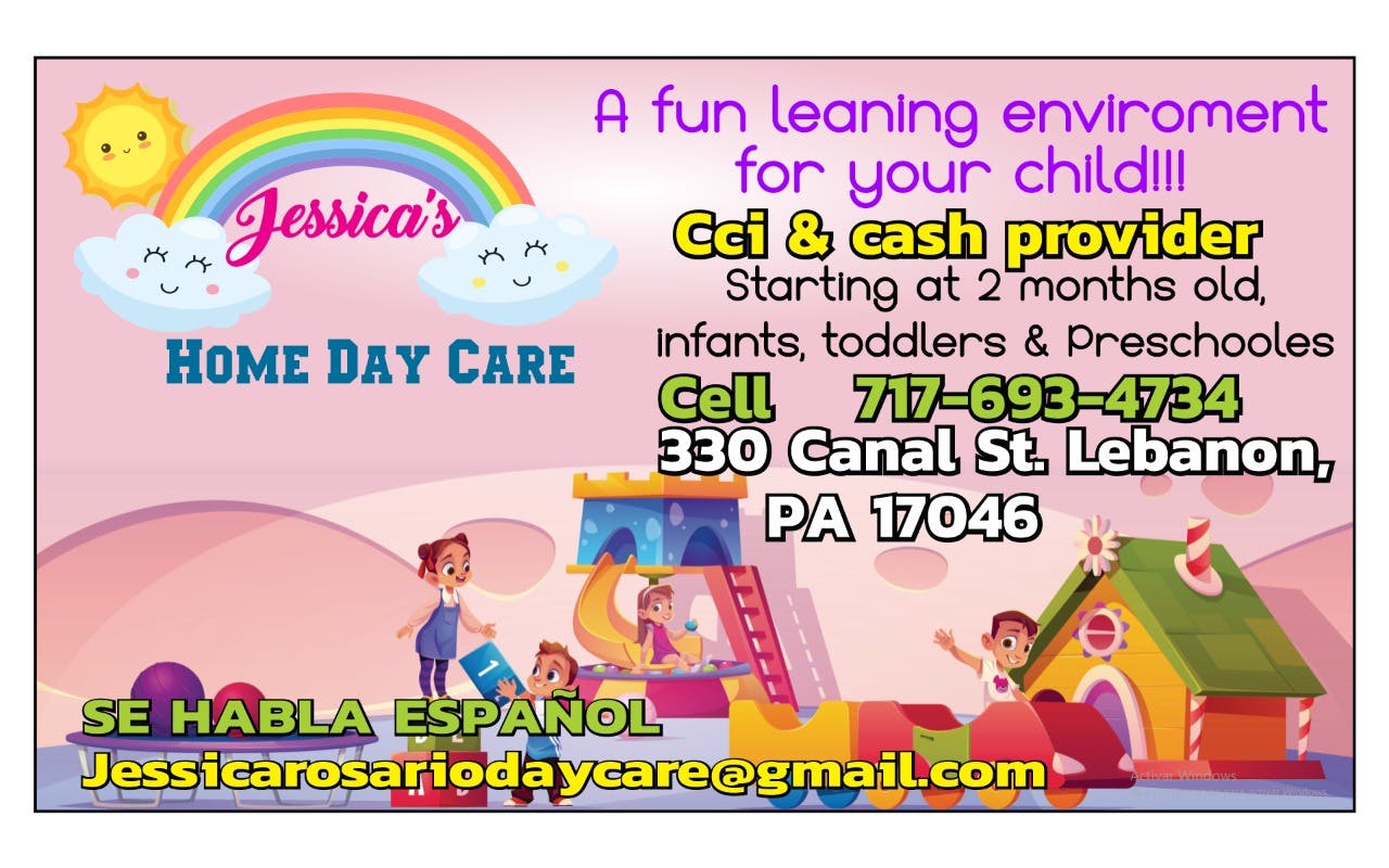 Jessica's Home Day Care with children playing on a slide and in a playhouse