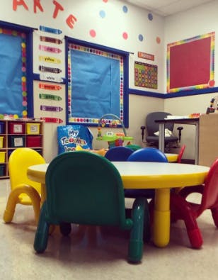 Colorful children's table and chairs in a classroom