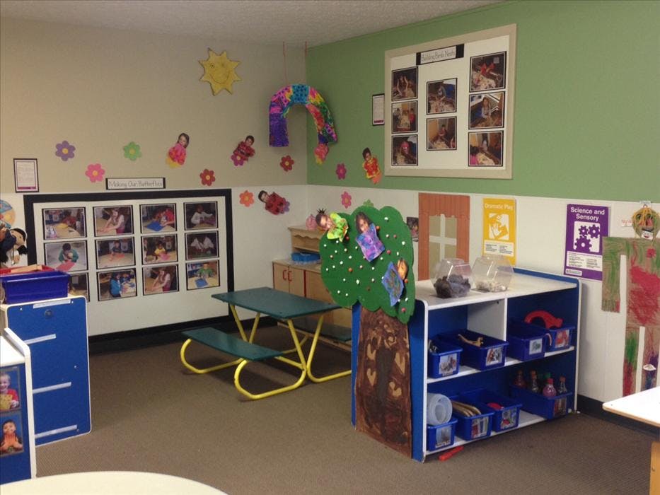 Classroom with child-sized furniture and artwork on the walls
