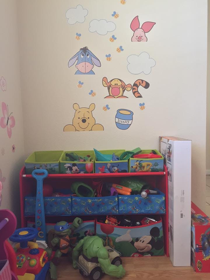 Winnie the Pooh wall decals above a toy organizer with toys