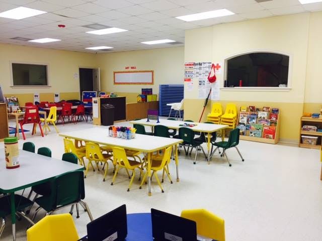 Classroom with multiple tables and chairs
