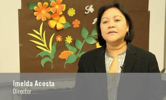 Person speaking in front of a floral decoration