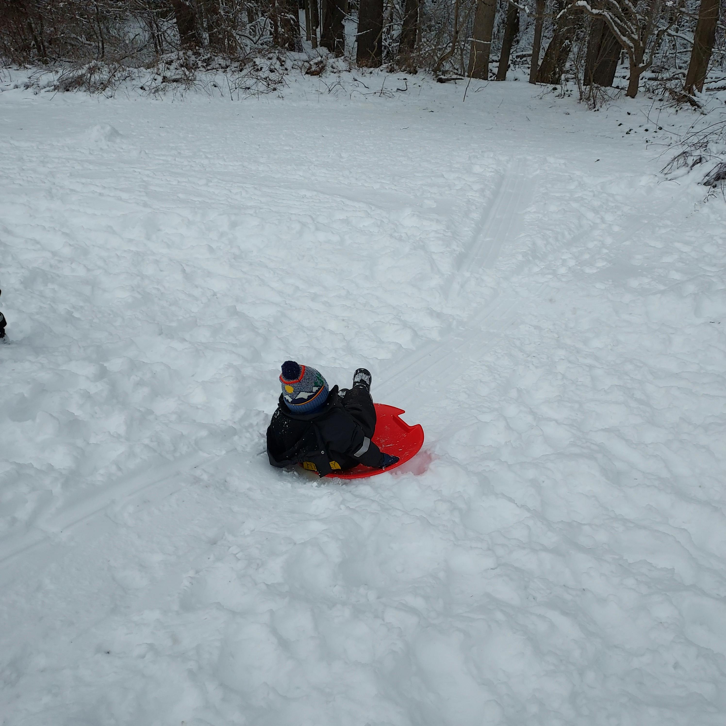 Child on a red sled in the snow