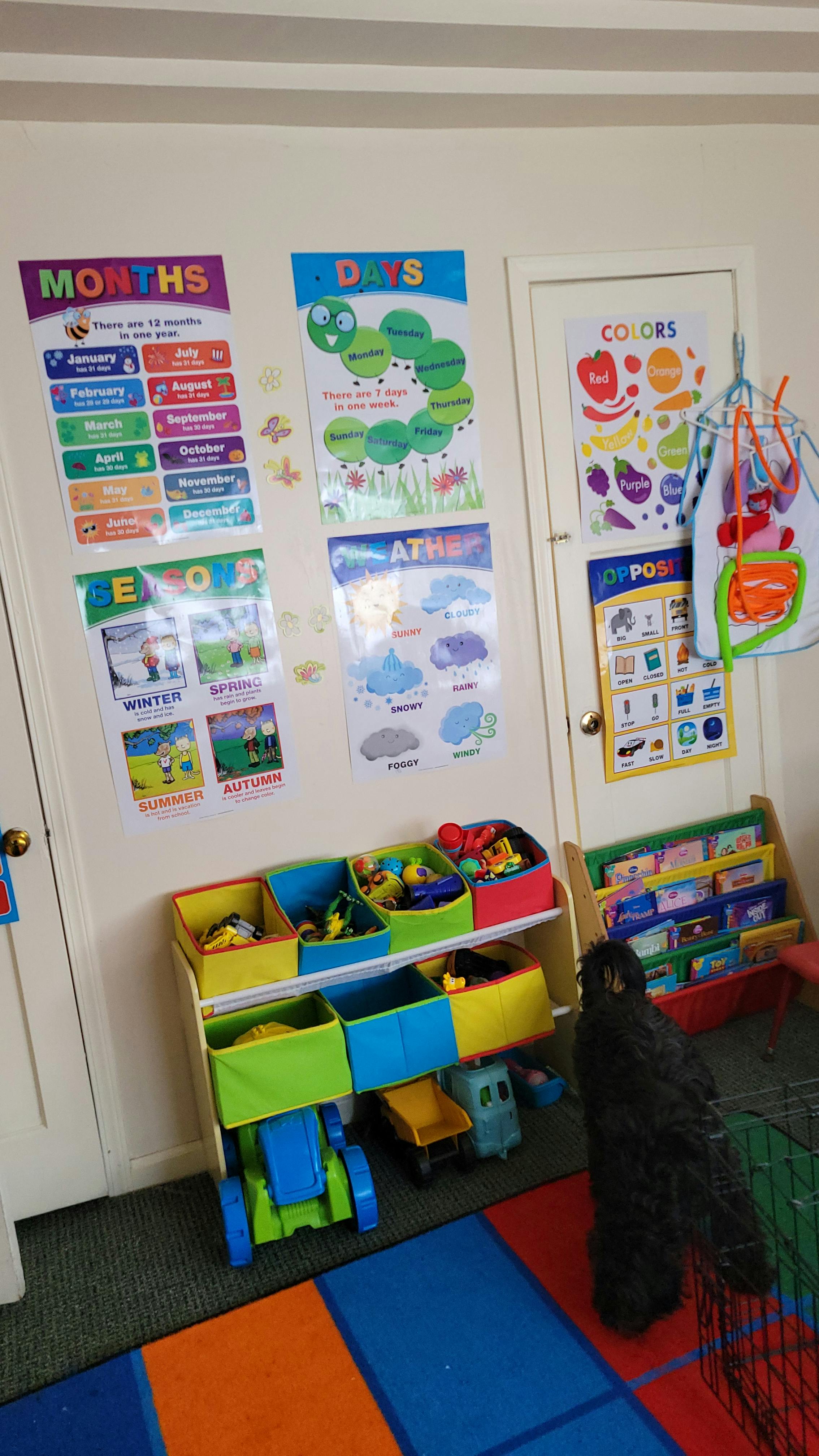Wall with educational posters, toy storage, and a dog
