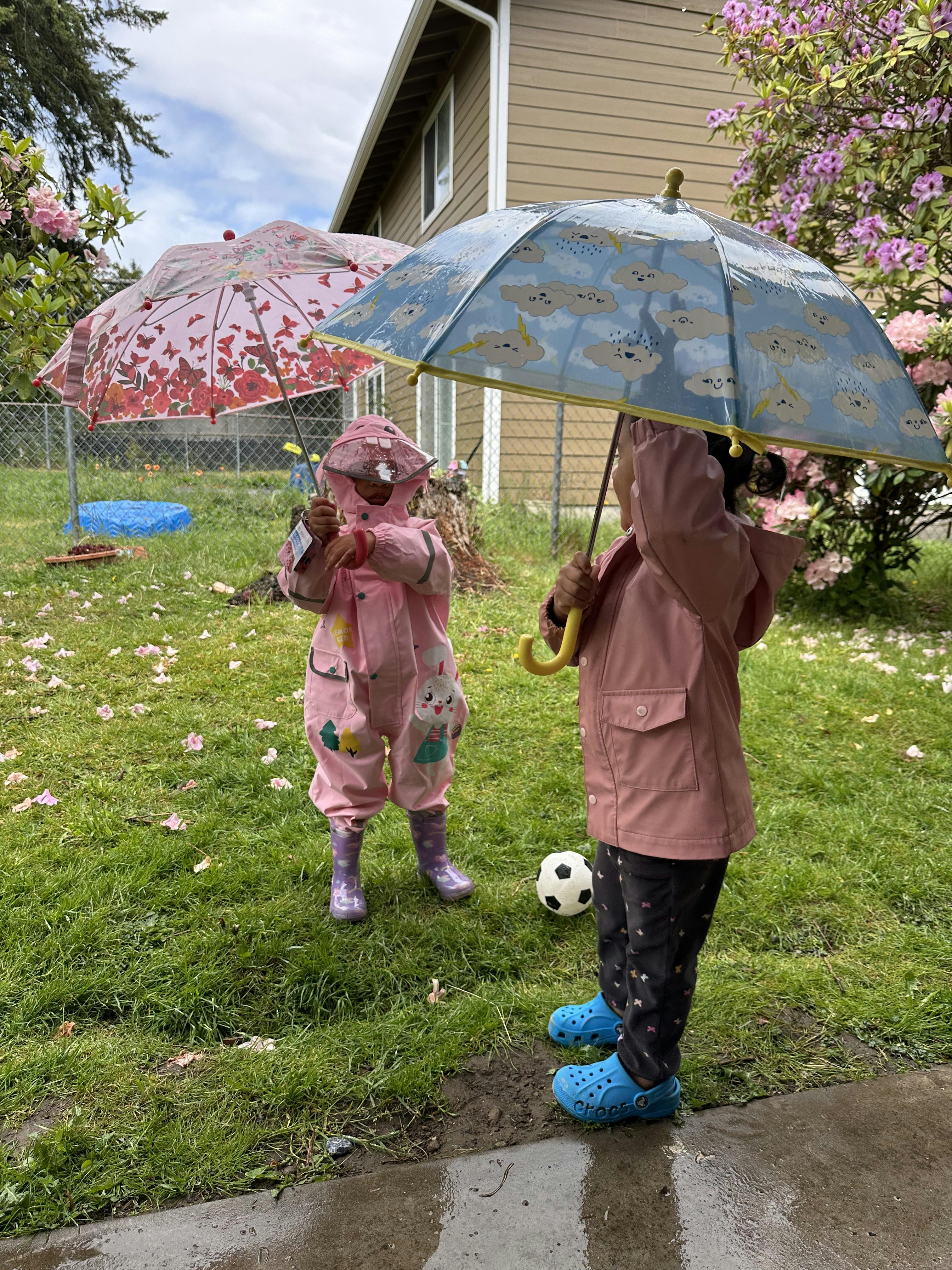 Two children holding umbrellas in a grassy yard