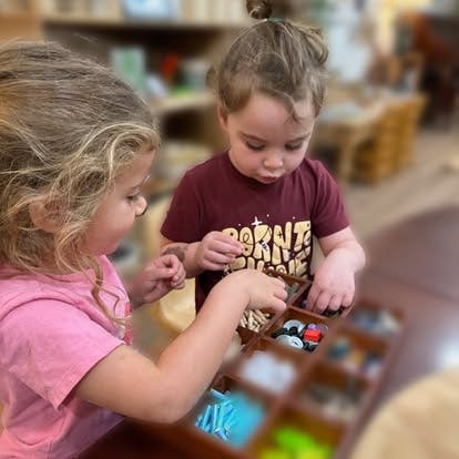 Two children playing with small objects in a divided tray
