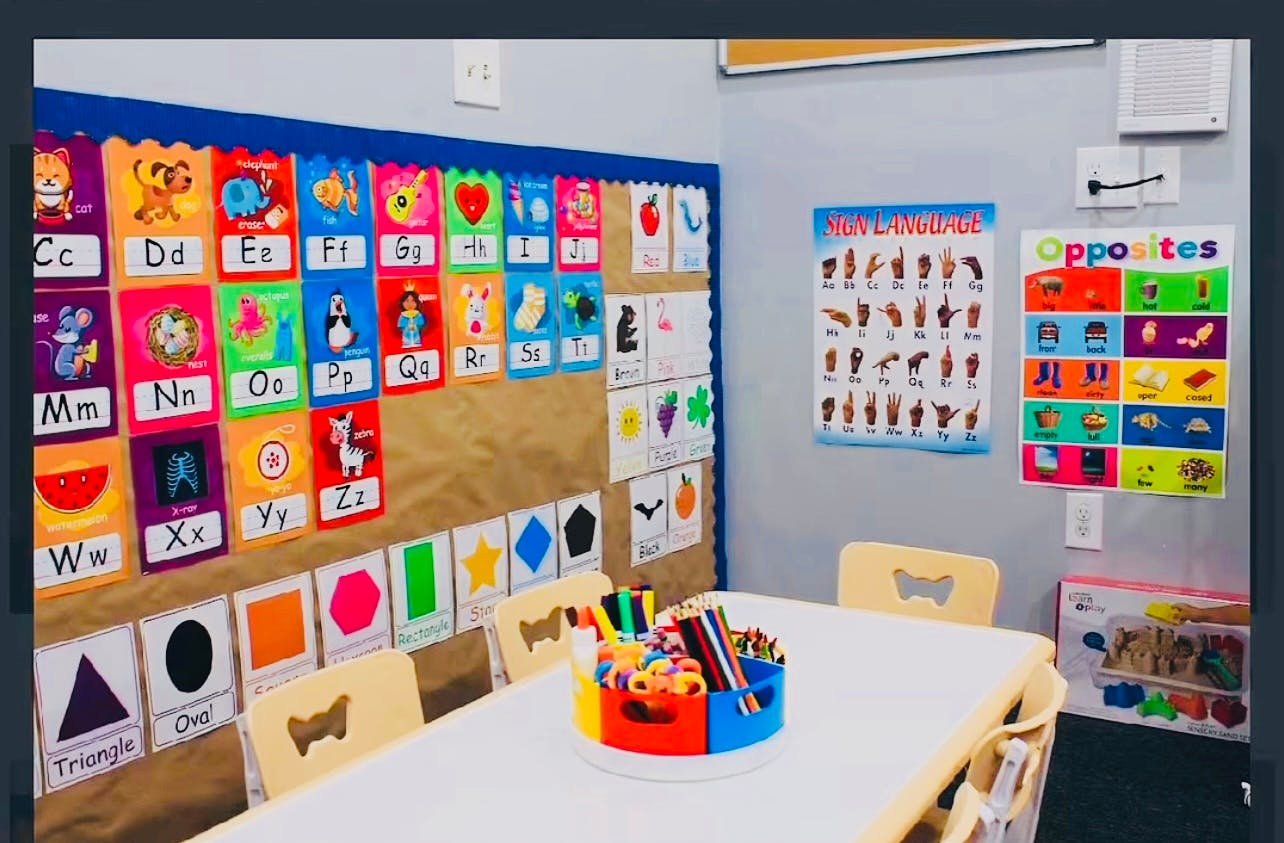 Classroom wall with alphabet, sign language, and opposites charts