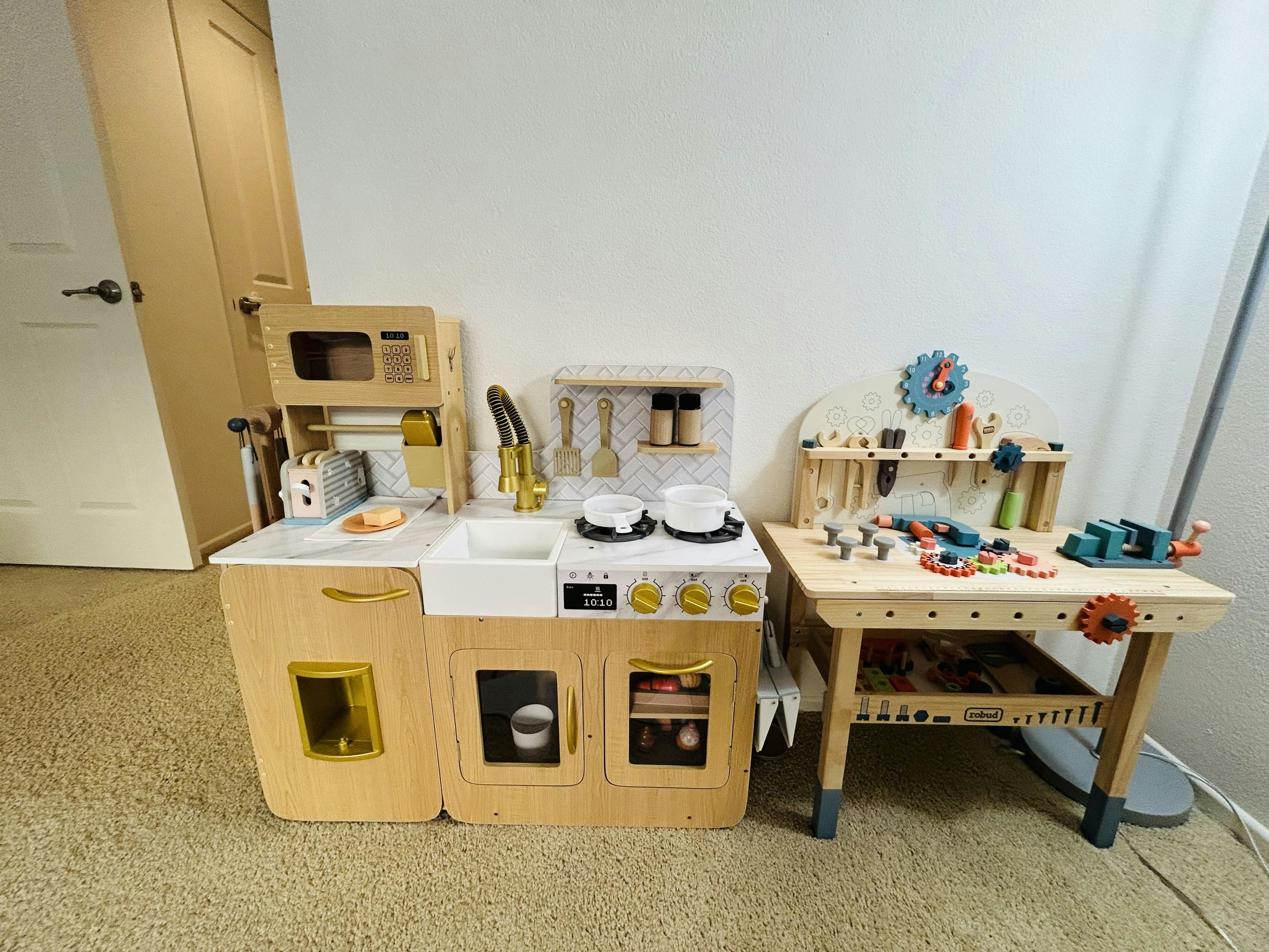 Toy kitchen and workbench