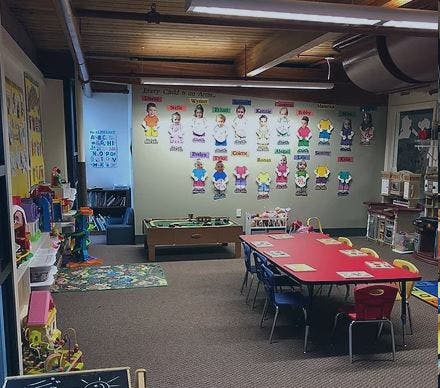 Classroom with a red table and chairs, and a wall display of cartoon people