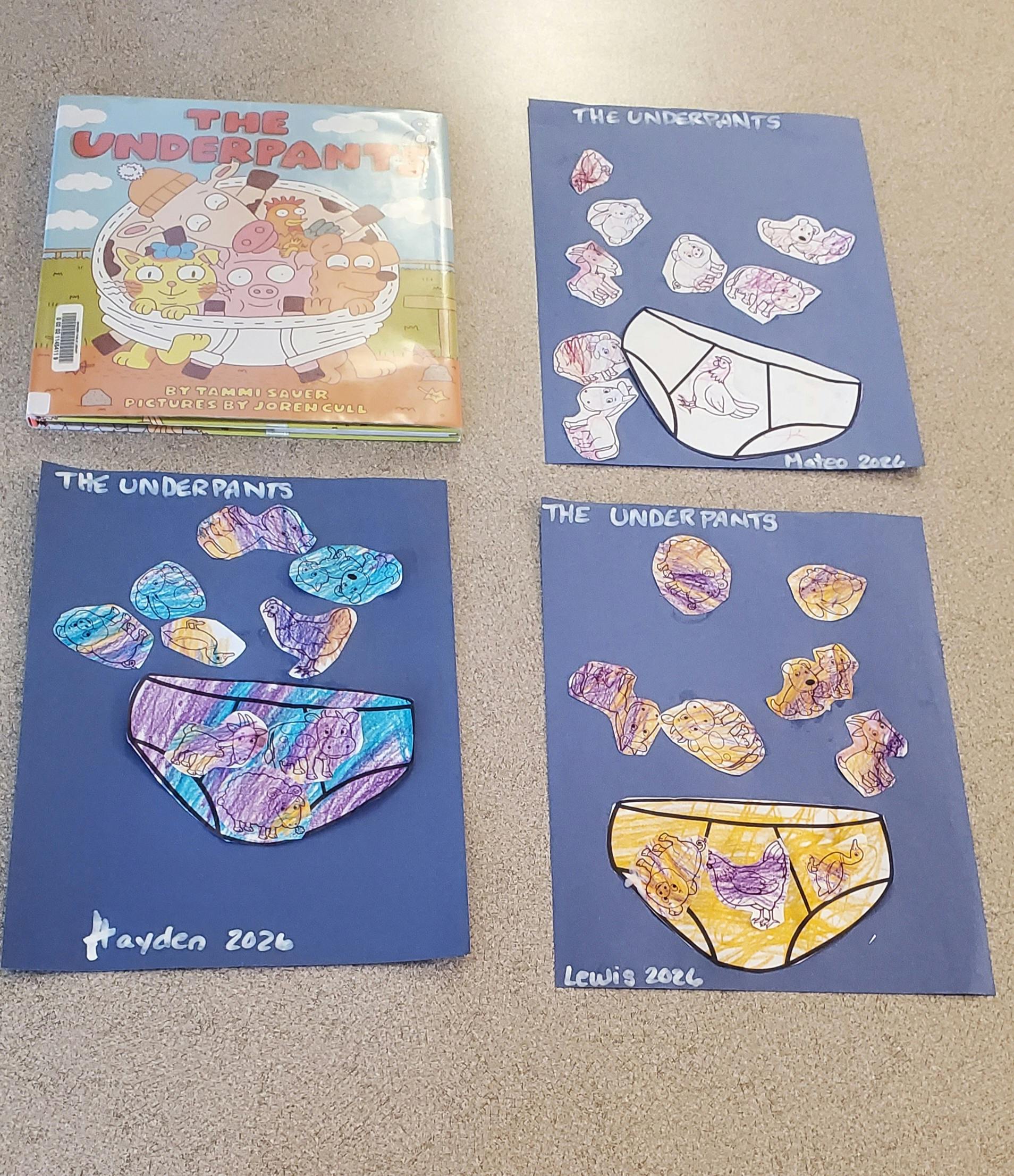 Children's book "The Underpants" next to three themed art projects