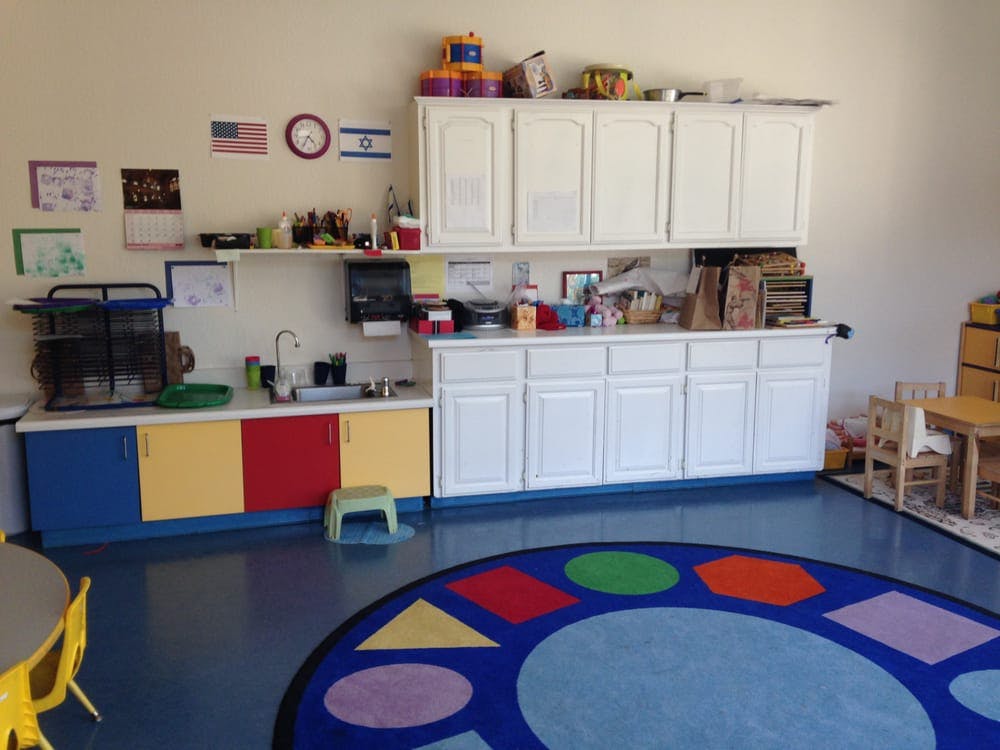 Classroom with colorful cabinets, white cupboards, and a shape rug