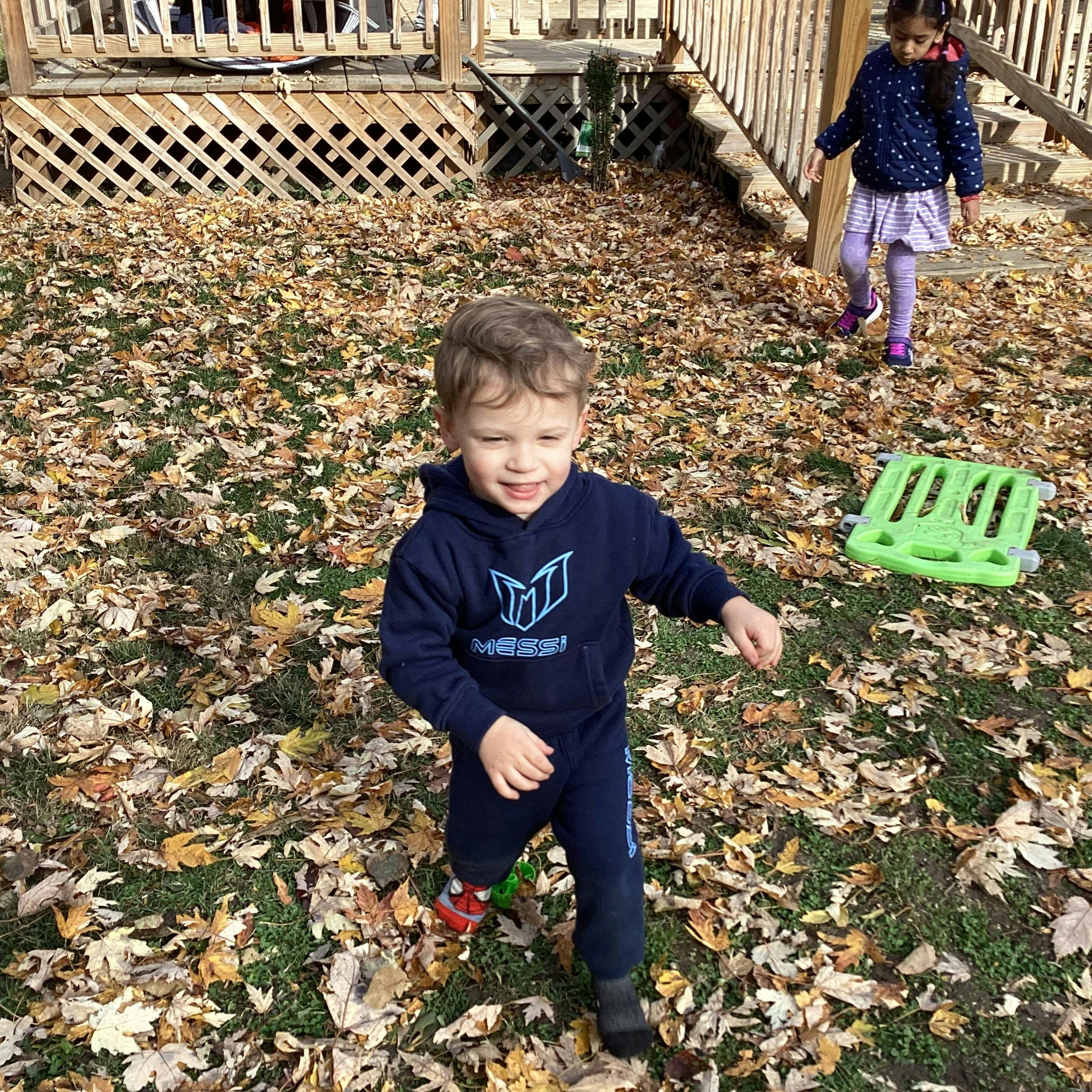 Child in a blue hoodie standing in a yard covered with leaves